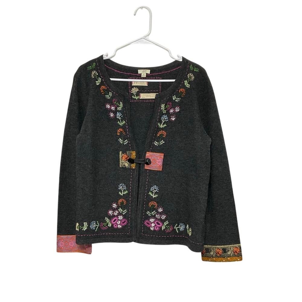 J.Jill Limited Edition Recrafted Lambswool Gray Cardigan Embroidered Size Medium